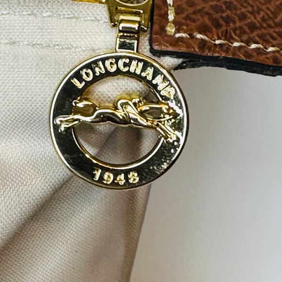 Auth LONGCHAMP Le Preage Original - Cream Dark Brown Nylon Leather Handbag - Picture 3 of 14